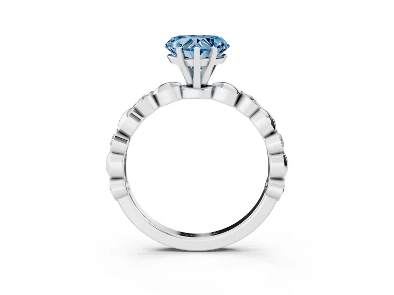 Fancy Blue Heart Cut Diamond Solitaire Ring Set in White gold with Bezel-Set Accents on Beaded Band and Prong Setting