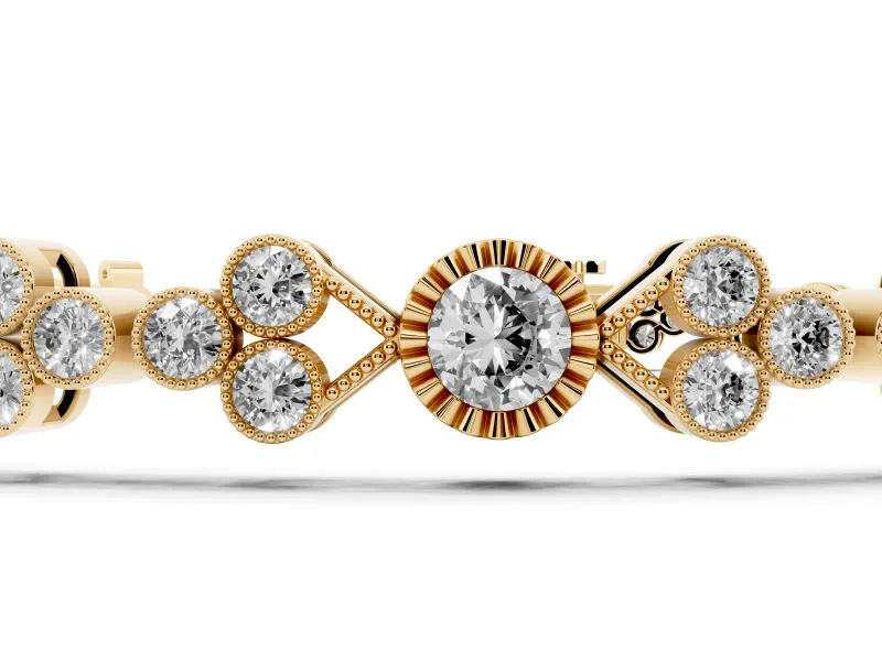 Round Lab-Grown Diamond Vintage Bezel Tennis Bracelet | Milgrain Trio Clusters | Yellow Gold