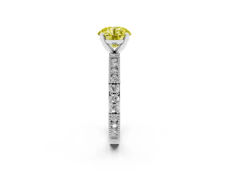Fancy Yellow Round Cut Diamond Solitaire Ring Set in Platinum with Slim Pavé Band and Prong Setting