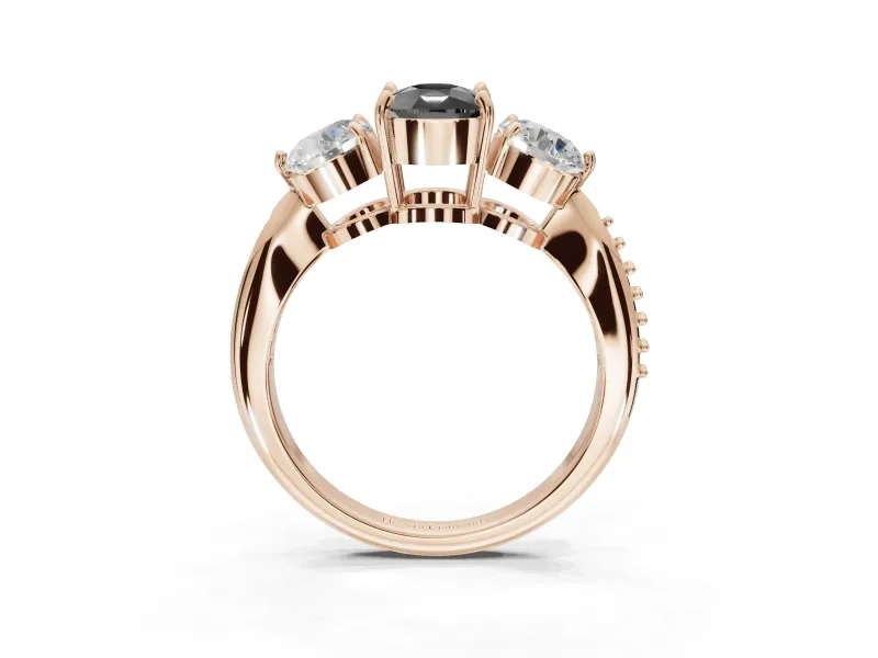 Fancy Black Cushion Cut Lab-Grown Diamond Three-Stone Ring Set in Rose Gold with Channel-Set Band and Prong Setting