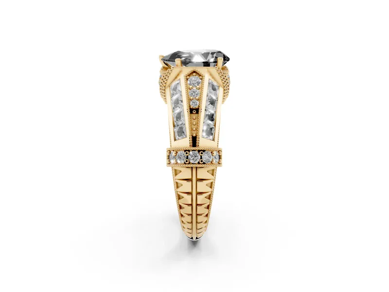 Fancy Black Pear Cut Diamond Vintage-Inspired Milgrain Ring Set in Yellow gold with Accent Split Shank