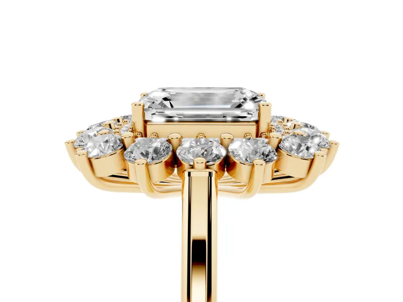 Emerald Cut Floral Double Halo Engagement Ring Setting | Plain Band | Yellow Gold