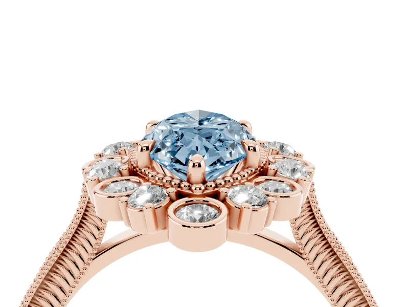 Fancy Blue Marquise Cut Diamond Halo Milgrain Pavé Ring Set in Rose gold with Prong Setting
