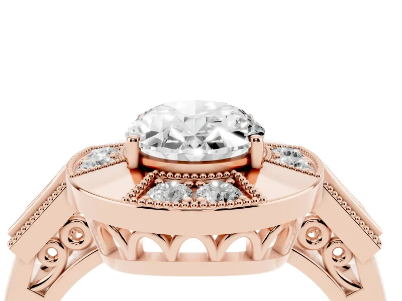 Oval Milgrain Sectioned Halo Engagement Ring Setting | Square-Framed Sides | Rose Gold