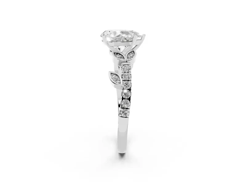 Pear-Shaped Leaf Pavé Engagement Ring Setting | Leaf Motif Shoulders | White Gold