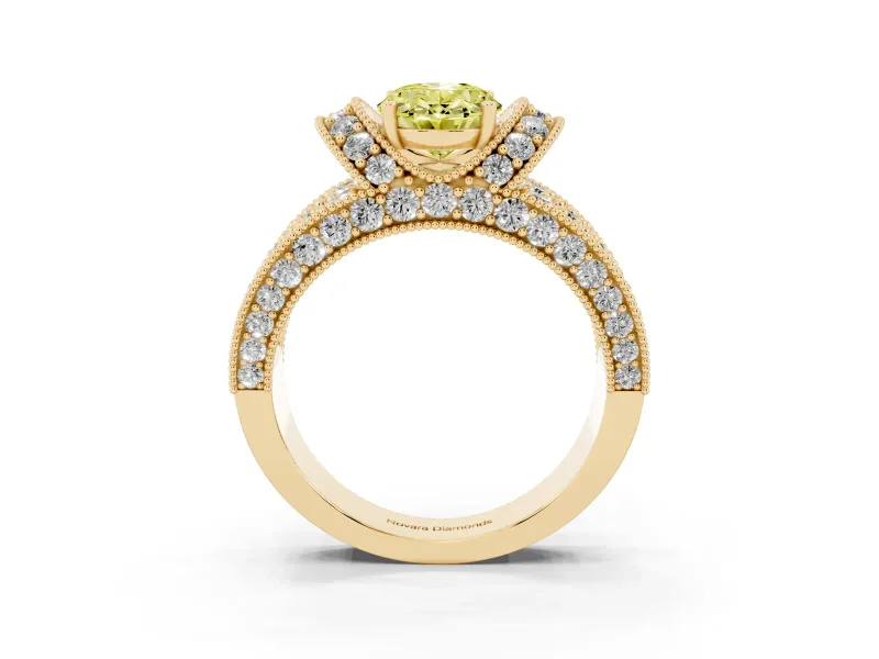 Oval Vintage Pave Engagement Ring Setting for a Fancy Yellow Lab-Grown Diamond | Milgrain Edges | Yellow Gold