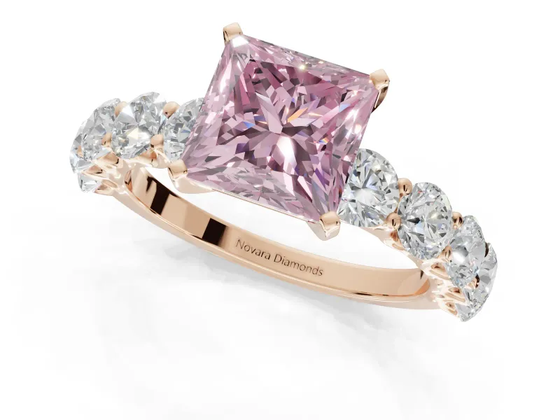 Princess Cut Side Stone Engagement Ring Setting for a Fancy Pink Lab-Grown Diamond | Scalloped Prong Accents | Rose Gold