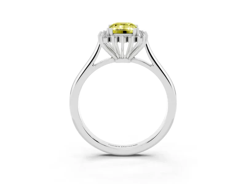 Fancy Yellow Emerald Cut Diamond Halo Ring Set in White gold with Plain Solitaire Band and Prong Setting