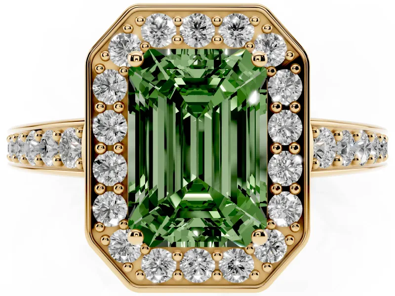 Fancy Green Emerald Cut Diamond Halo Pavé Engagement Ring Set in Yellow gold with Bezel Setting