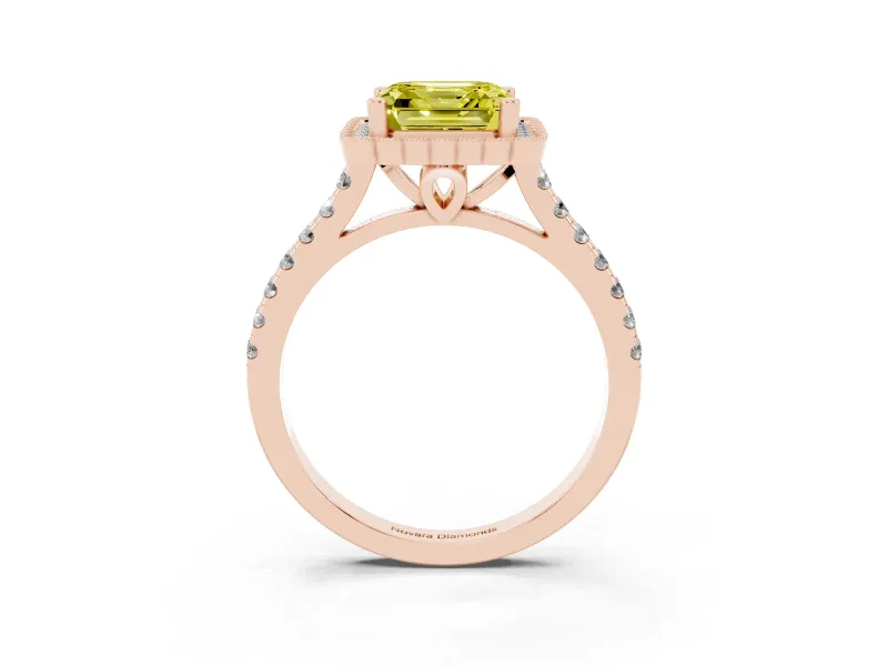 Fancy Yellow Asscher Cut Diamond Milgrain Floral Halo Engagement Ring Set in Rose gold with Pavé Band