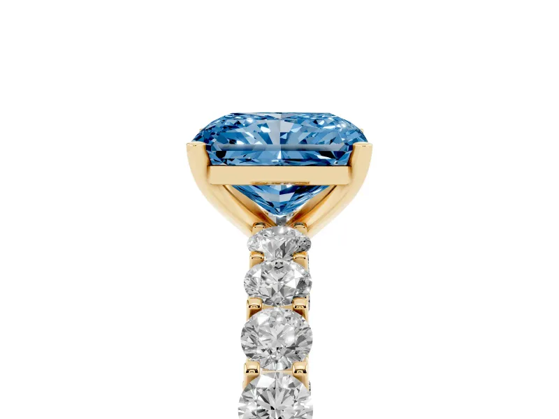 Radiant Cut Shared Prong Engagement Ring Setting for a Fancy Blue Lab-Grown Diamond | Yellow Gold
