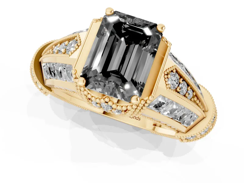 Emerald Cut Vintage Milgrain Engagement Ring Setting for a Black Center | Hidden Halo | Yellow Gold