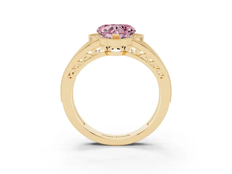Fancy Pink Heart Cut Diamond Halo Ring Set in Yellow gold with Accent Split Shank and Prong Setting