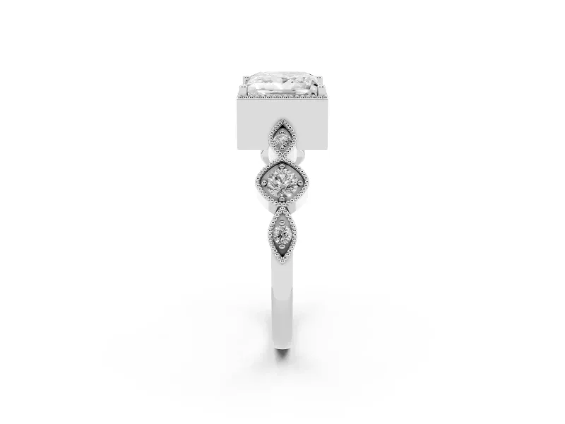 Princess Cut Diamond Vintage-Inspired Milgrain Ring Set in White gold with Marquise Stations of Round Accents