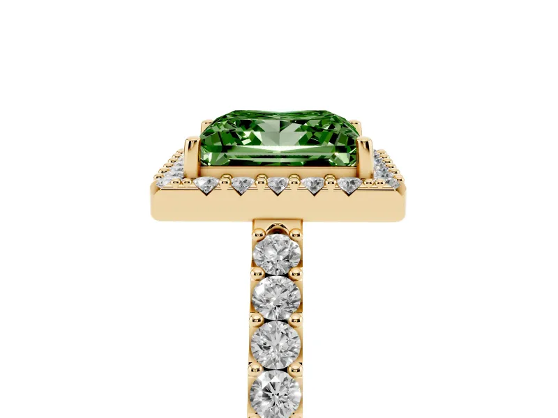 Princess Cut Halo Engagement Ring Setting for a Fancy Green Lab-Grown Diamond | Single Row Pavé Band | Yellow Gold