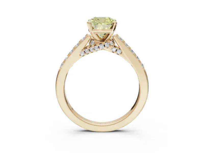 Cushion Cut Pavé Engagement Ring Setting for a Fancy Yellow Lab-Grown Diamond | Crossover Gallery | Yellow Gold