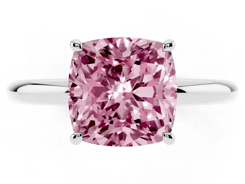 Fancy Pink Cushion Cut Diamond Solitaire Ring Set in Silver with Thin Band and Prong Setting
