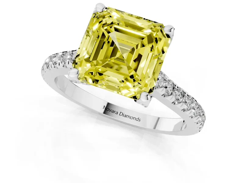 Asscher Cut Hidden Halo Engagement Ring Setting for a Fancy Yellow Lab-Grown Diamond | Claw Prongs | Sterling Silver