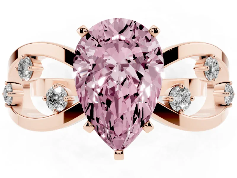 Fancy Pink Pear Cut Diamond Solitaire Ring Set in Rose gold with Side Stones on Criss-Cross Band and Prong Setting