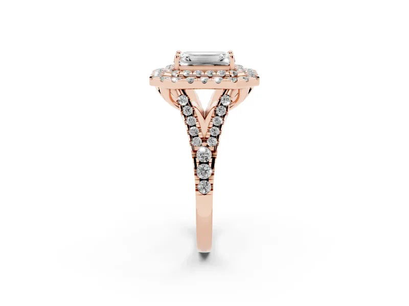 Emerald Cut Halo Split Shank Engagement Ring Setting | Rose Gold