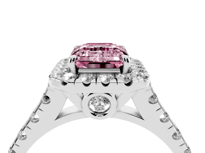 Emerald Cut Halo Engagement Ring Setting for a Fancy Pink Lab-Grown Diamond | Shared Prong Shoulders | Sterling Silver