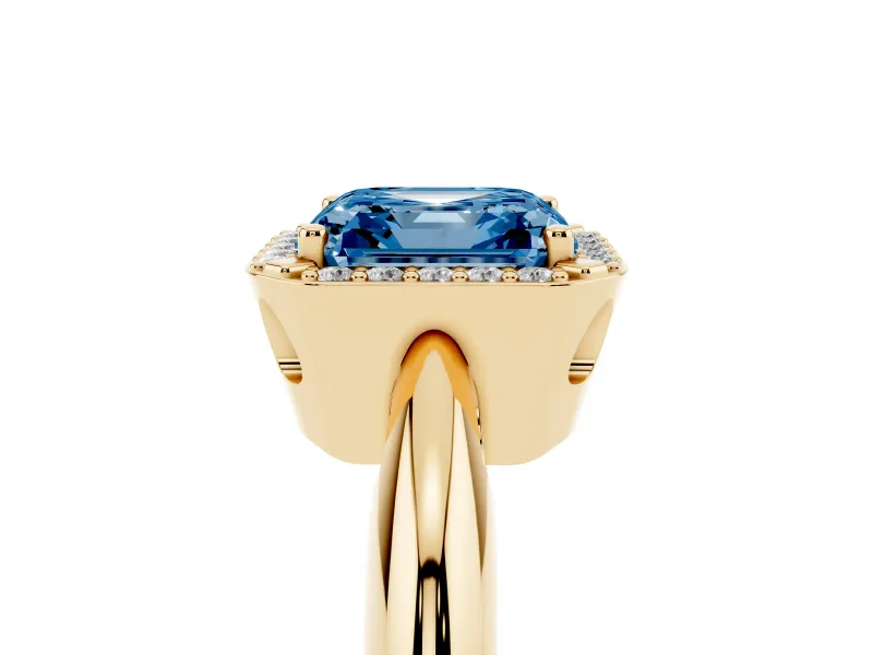 Asscher Cut Halo Engagement Ring Setting for a Fancy Blue Lab-Grown Diamond | Plain Tapered Band | Yellow Gold