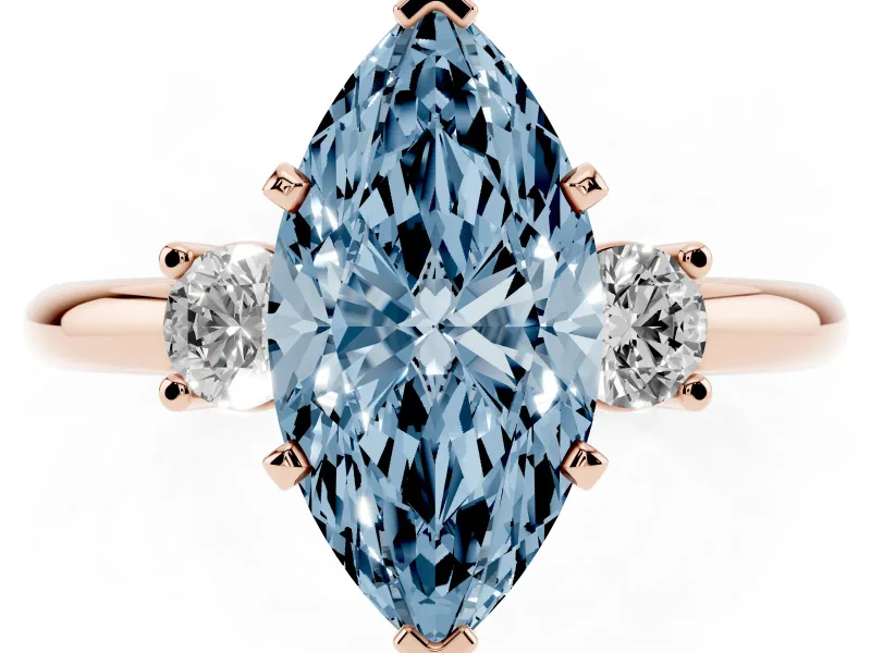 Marquise Three Stone Engagement Ring Setting for a Fancy Blue Lab-Grown Diamond | Round Side Stones | Rose Gold