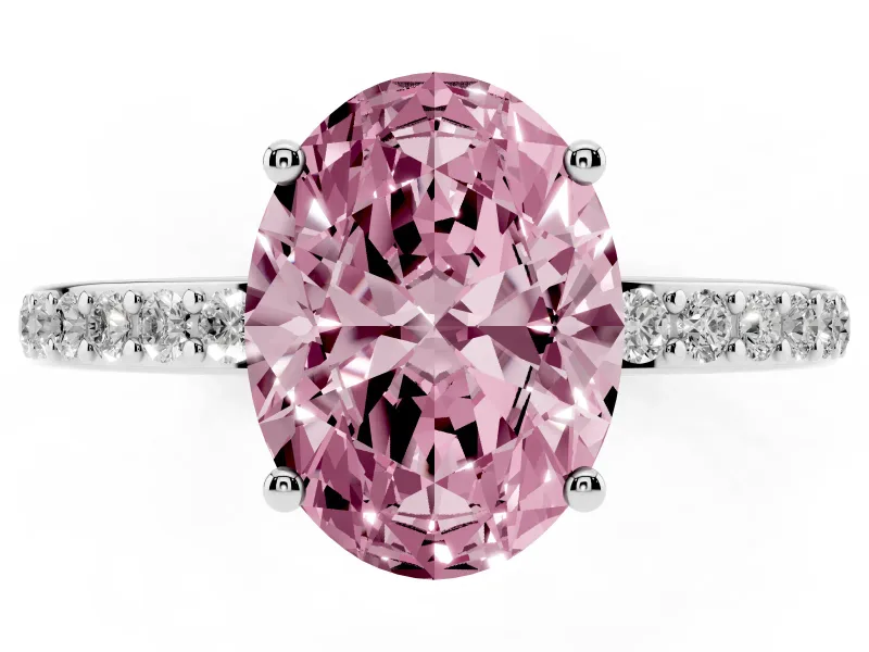 Fancy Pink Oval Cut Diamond Pavé Band Ring Set in Platinum with Prong-Set Center Stone