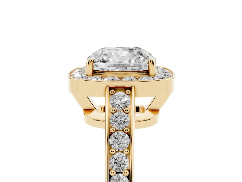 Cushion Cut Framed Halo Engagement Ring Setting | Graduated Pavé Band | Yellow Gold