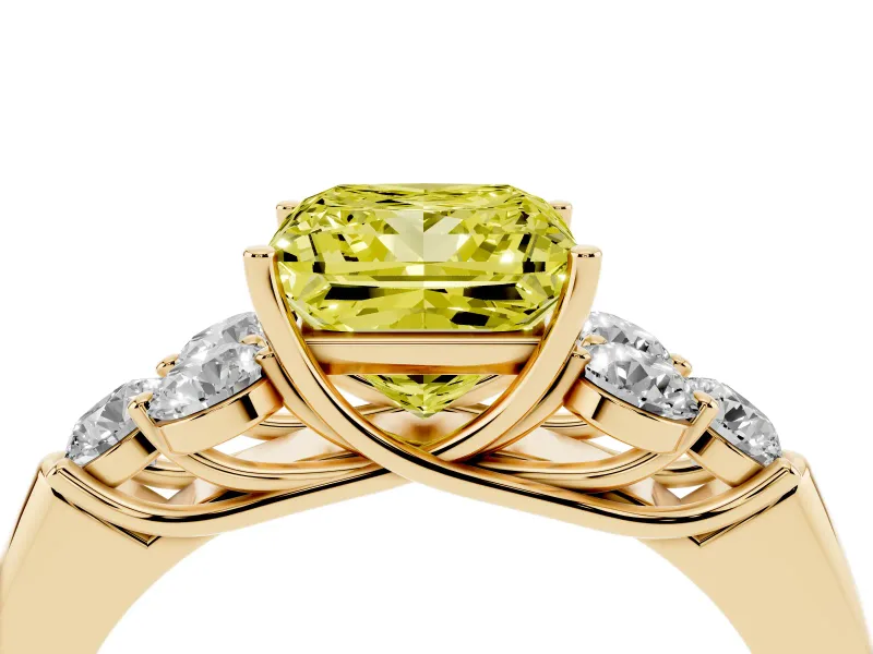 Fancy Yellow Princess Cut Diamond Cluster Ring Set in Yellow gold with Round Accent Stones and Prong Setting on a Plain Band