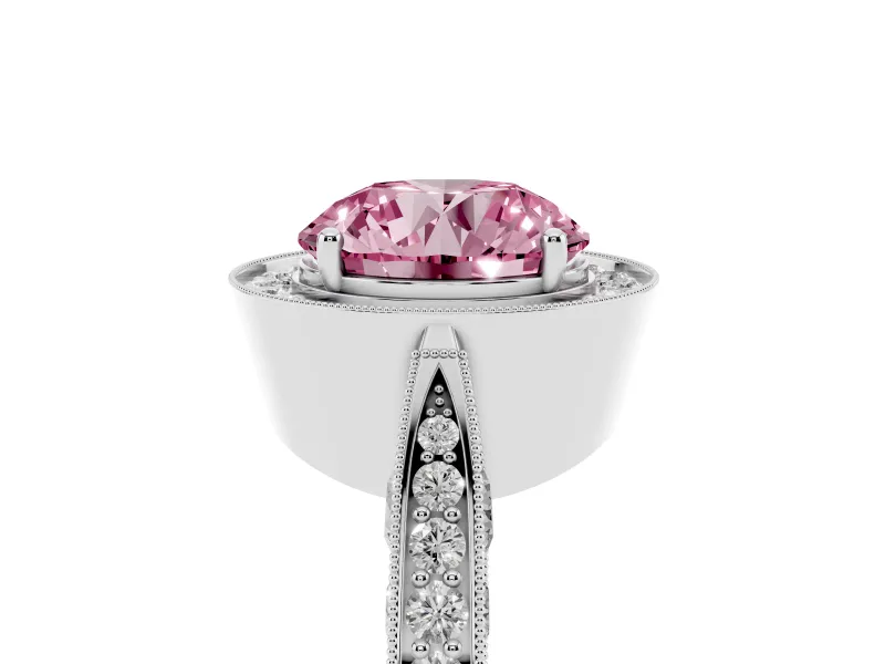 Round Milgrain Halo Engagement Ring Setting for a Fancy Pink Lab-Grown Diamond | Side Stones | Sterling Silver