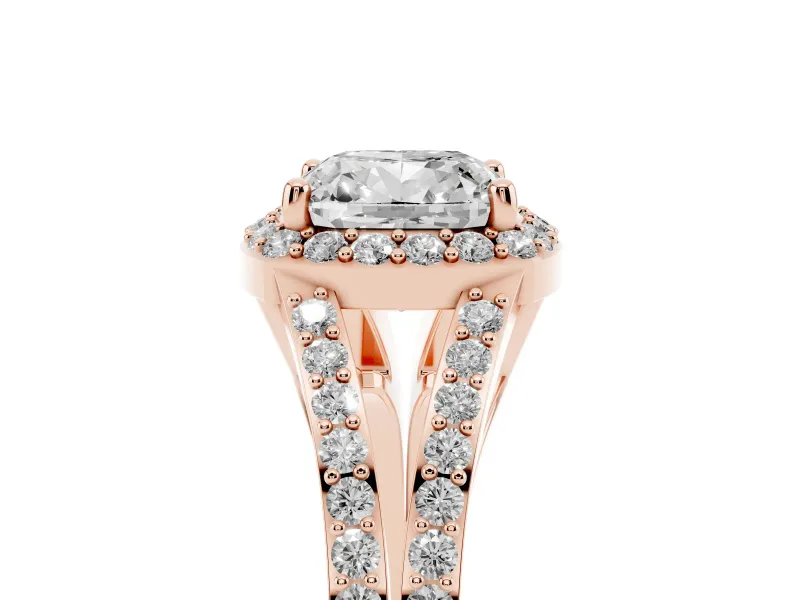 Cushion Cut Halo Engagement Ring Setting | V-Split Pavé Band | Rose Gold