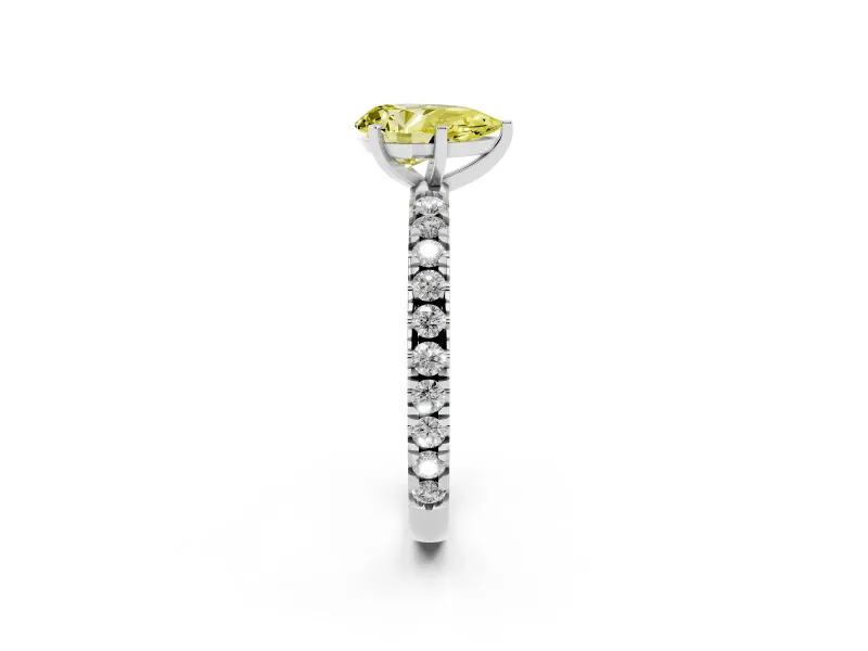 Fancy Yellow Pear Cut Diamond Pavé Band Solitaire Set in Platinum with Prong Setting