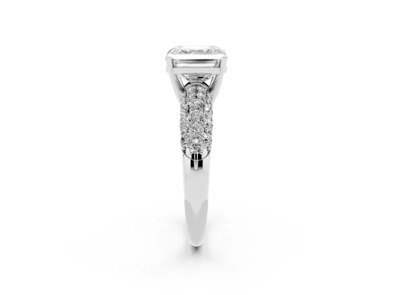 Asscher Cut Multi Row Pave Solitaire Engagement Ring Setting | Domed Shoulders | Sterling Silver