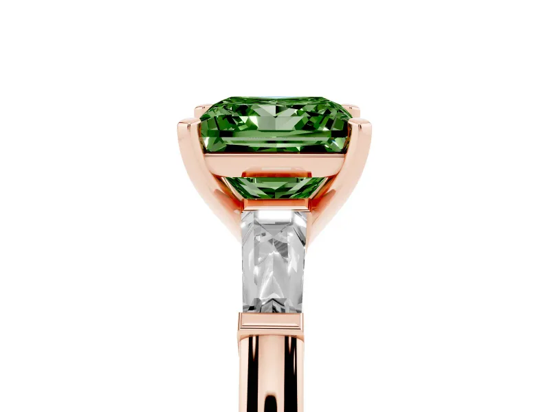Fancy Green Princess Cut Diamond Solitaire Ring Set in Rose gold with Tapered Baguette Side Stones and Prong Setting