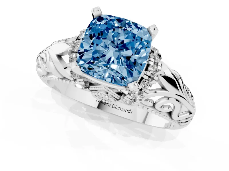 Cushion Cut Filigree Solitaire Engagement Ring Setting for a Fancy Blue Lab-Grown Diamond | Platinum
