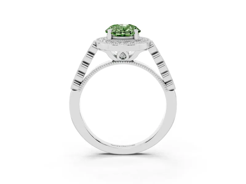 Fancy Green Oval Cut Diamond Milgrain Halo Solitaire Ring Set in Silver with Bezel Set Side Stones and Pavé Band