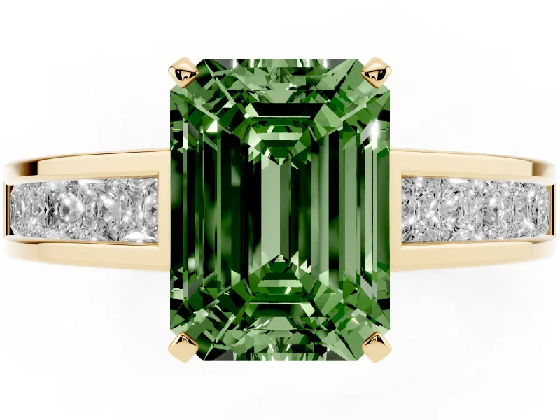 Fancy Green Emerald Cut Diamond Solitaire Ring Set in Yellow gold with Channel-Set Band and Prong Setting