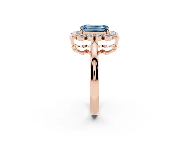 Emerald Cut Scalloped Cluster Halo Engagement Ring Setting for a Fancy Blue Lab-Grown Diamond | Plain Band | Rose Gold