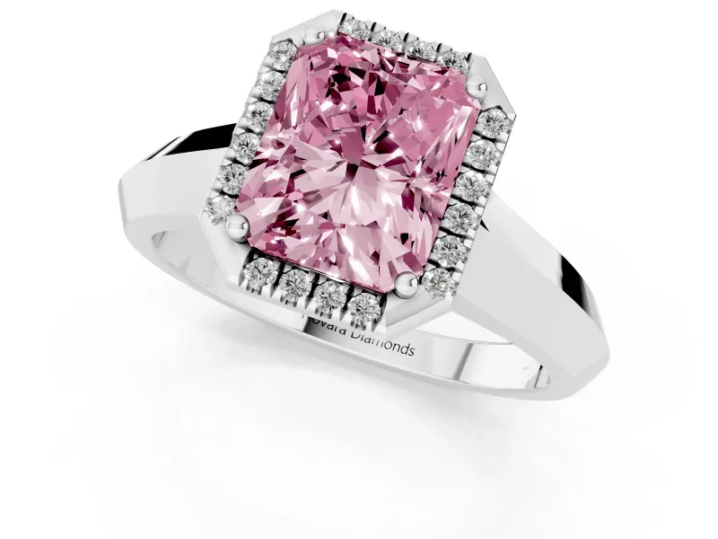 Fancy Pink Radiant Cut Diamond Halo Ring Set in Silver with Cathedral Band and Prong Setting