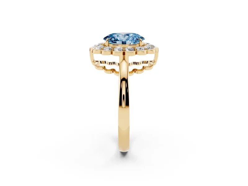 Oval Scalloped Cluster Halo Engagement Ring Setting for a Fancy Blue Lab-Grown Diamond | Plain Band | Yellow Gold