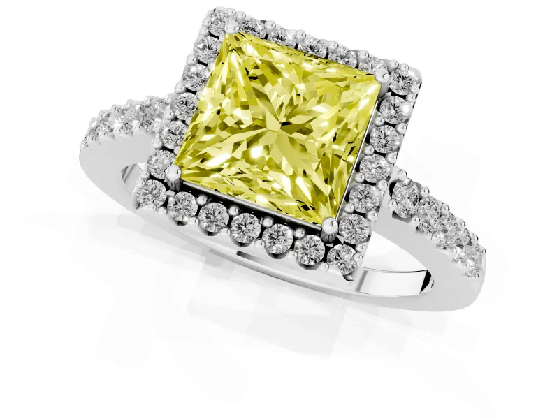 Fancy Yellow Princess Cut Diamond Halo Pavé Solitaire Ring Set in White gold with Prong-Set Center Stone