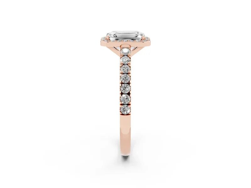Emerald Cut Halo Pavé Engagement Ring Setting | Single Row Shoulders | Rose Gold