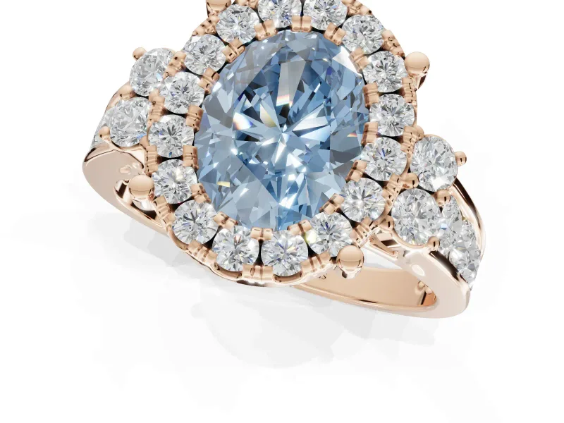 Oval Halo Engagement Ring Setting for a Fancy Blue Lab-Grown Diamond | Side Clusters | Rose Gold