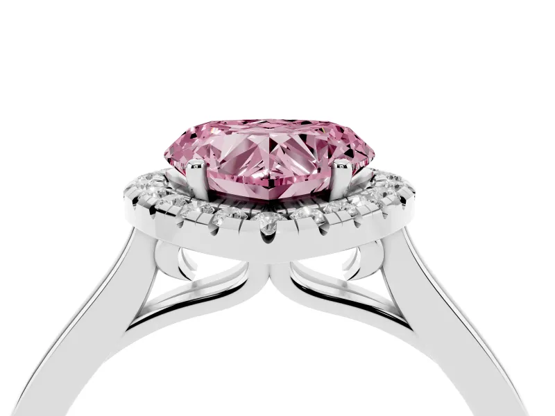 Fancy Pink Heart Cut Halo Round Diamond Solitaire Ring Set in Platinum with Pavé Band and Prong Setting