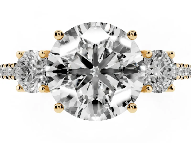Round Cut Diamond Three-Stone Ring Set in Yellow gold with Pavé Band and Graduated Sides