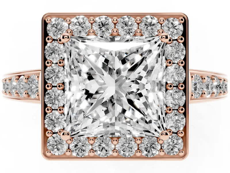 Princess Cut Framed Halo Engagement Ring Setting | Graduated Pavé Band | Rose Gold