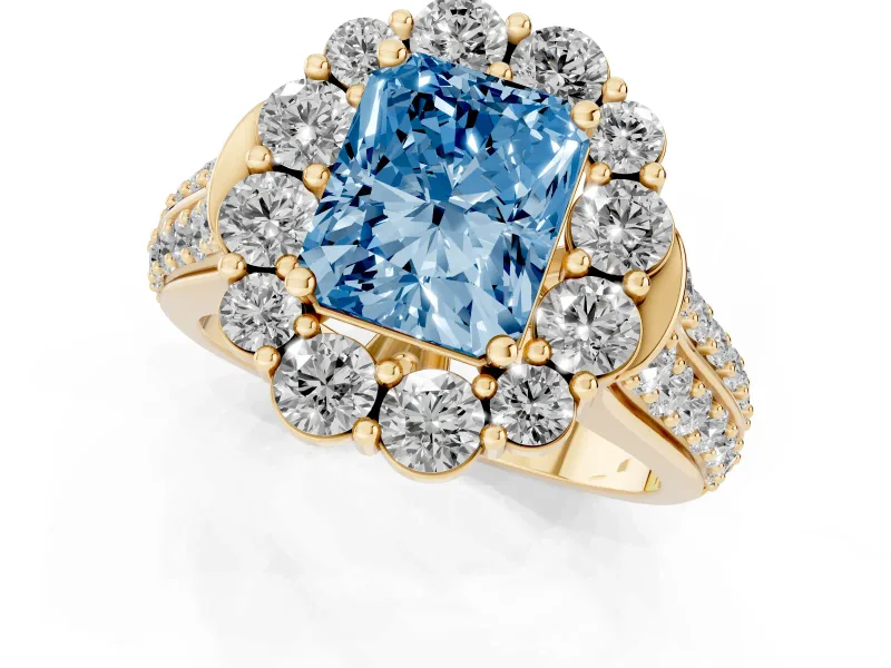 Radiant Cut Large Accent Halo Engagement Ring Setting for a Fancy Blue Lab-Grown Diamond | Graduated Pavé | Yellow Gold