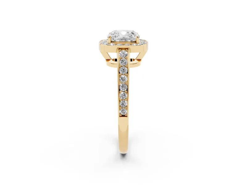 Cushion Cut Framed Halo Engagement Ring Setting | Graduated Pavé Band | Yellow Gold