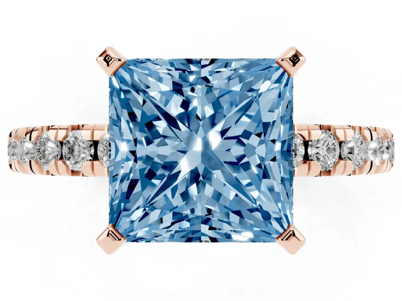 Princess Cut Pavé Solitaire Engagement Ring Setting for a Fancy Blue Lab-Grown Diamond | Rose Gold